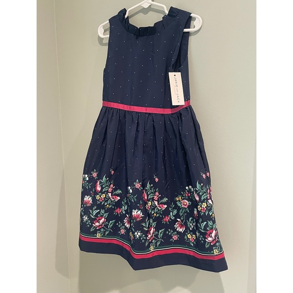 Janie‎ and Jack Girls Navy Floral Print Dress Sleeveless Size 5 Polka Dot - Picture 3 of 9